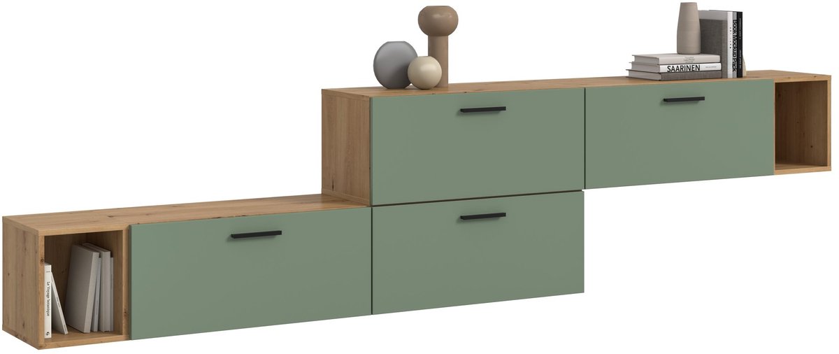 Modulaire woonwand in artisan eik en smoke green - Stijlvolle opbergoplossing - 276cm