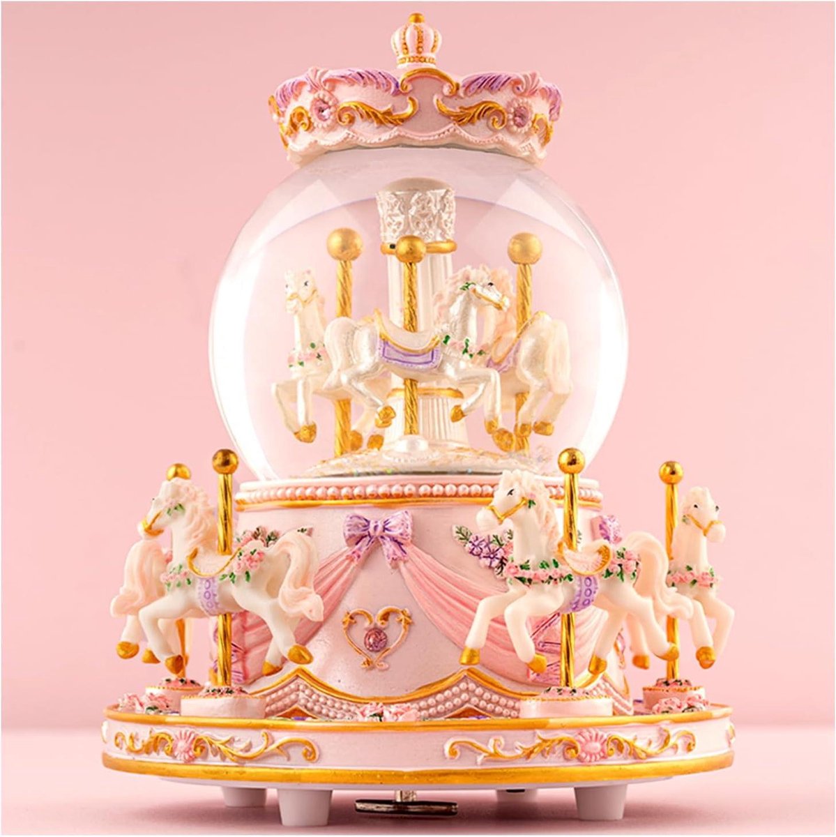 Muziekdoos Carrousel - Sneeuwbol Dochter Cadeau - Kamer Decoratie - Handgemaakt Hars - 15x15x19 cm - Roze