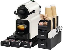 BAKAJI Coffee station with capsule holder and drawer under the machine made of black plastic, with multiple compartments, pad holder for corner, bar, organiser, capsule holder for capsules, pads, cafe