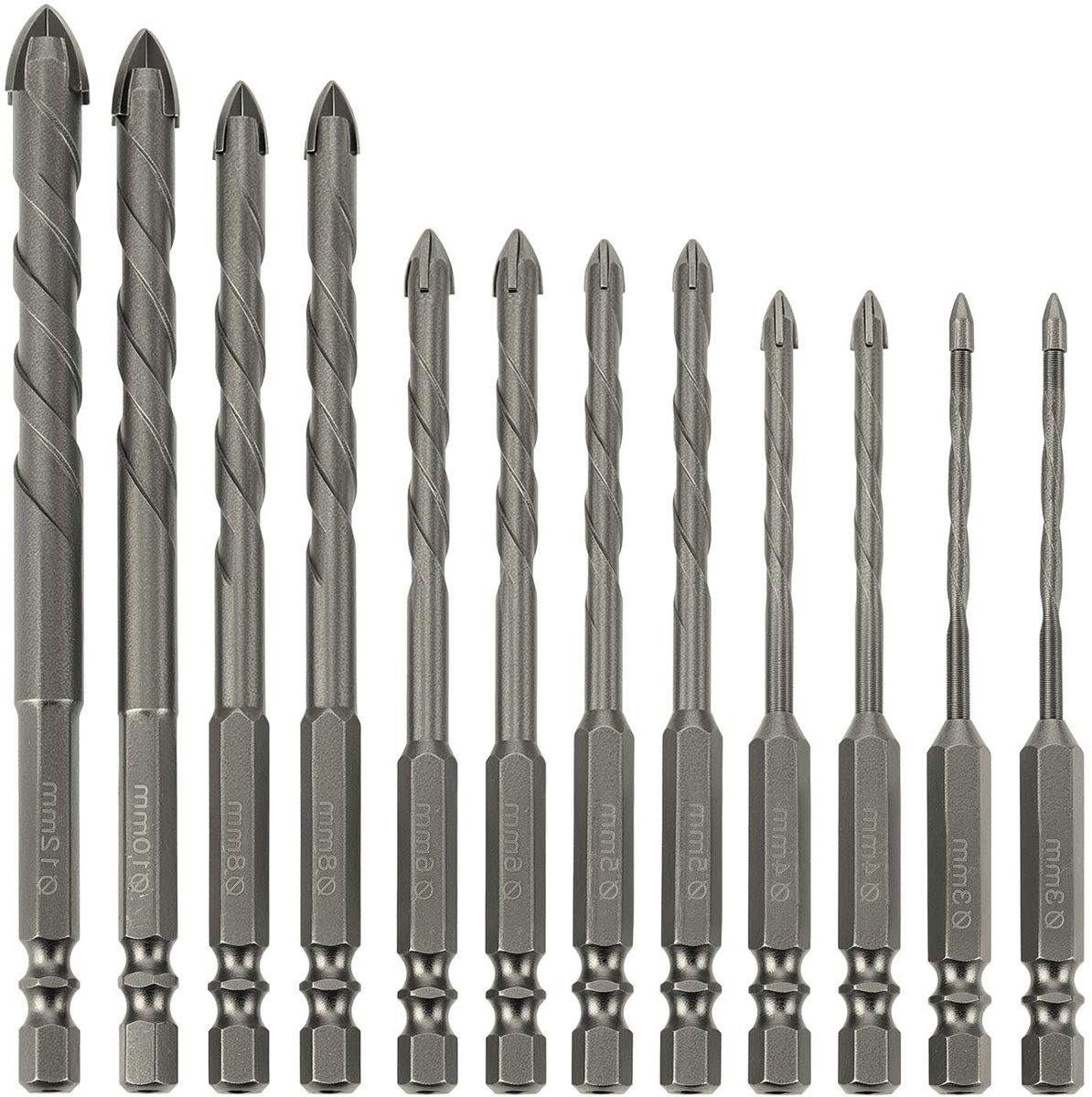 12-delige Boor Set voor Tegels met Hex Shank, Geschikt voor Metaal, Steen, Glas, Kunststof en Hout, Diameter 3-12 mm
