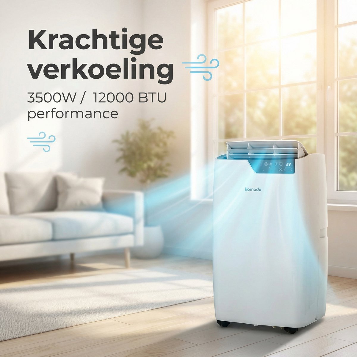 Komodo Frosty+ Mobiele Airco 12000 BTU – 4-in-1 Airconditioner – WiFi App & Afstandsbediening – Airco met Raamafdichtingskit & Afvoerslang – Ontvochtiger & Ventilator — afbeelding 9