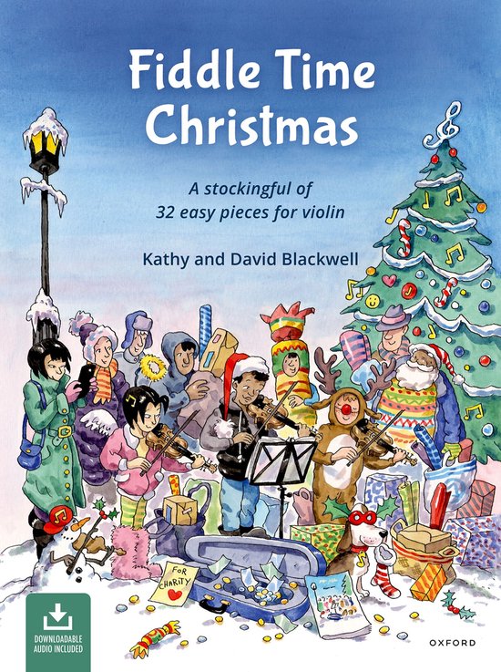 Fiddle Time Christmas: 32 pièces faciles pour violon avec des illustrations de sapins de Noël, de cadeaux, un lampadaire, et des enfants et adultes jouant.