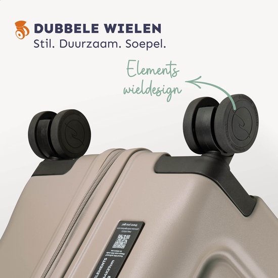 Close-up van de dubbele wielen van een beige koffer met het 'Elements wieldesign'.