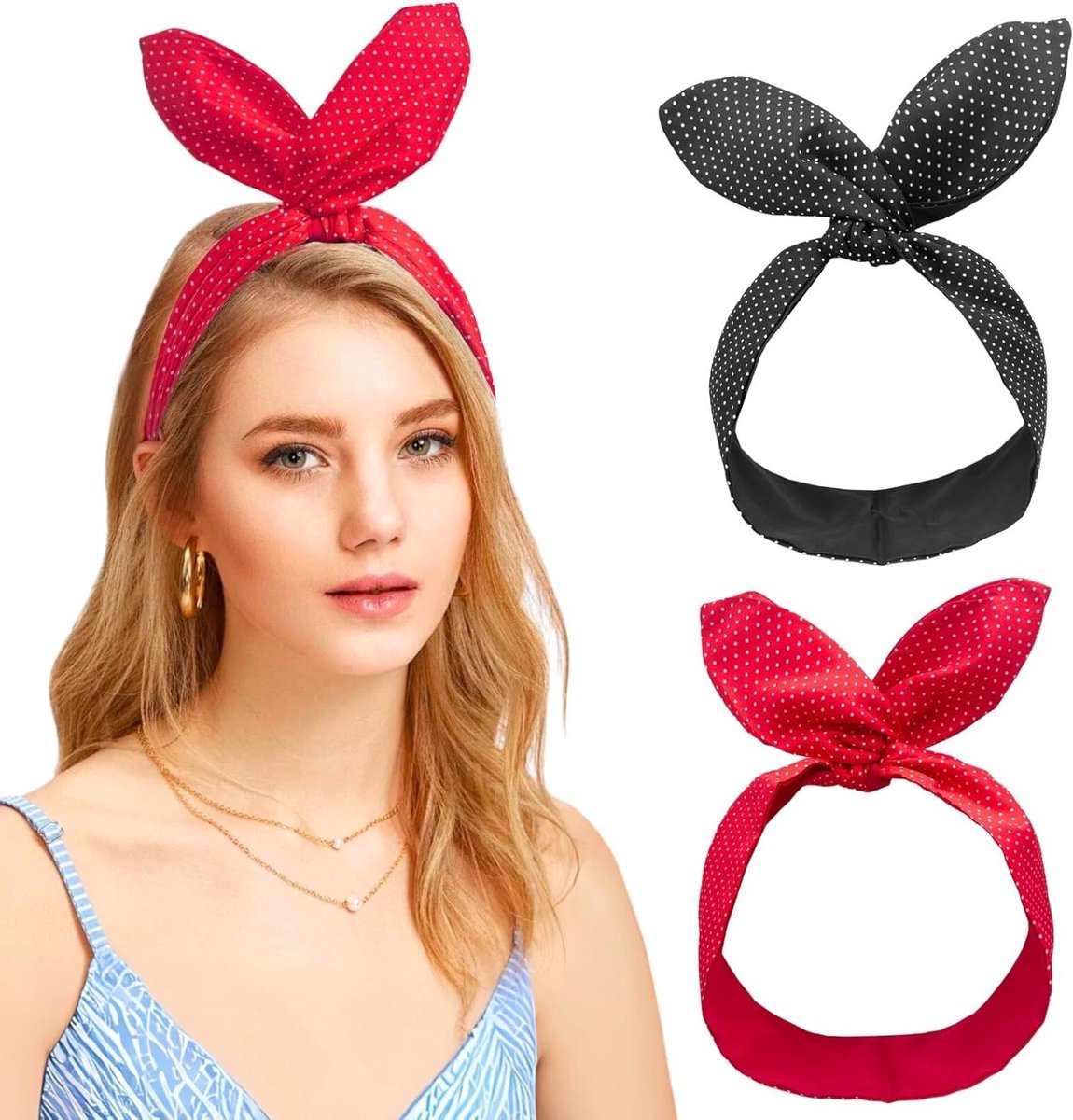 Retro Haarbanden met Strik - 2 Stuks Vintage Bandana Sjaals voor Dames - Hoogwaardige Aanpasbare Accessoires in Rood en Zwart
