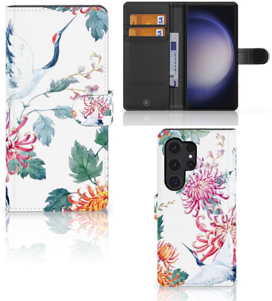 Samsung Galaxy S24 Ultra Telefoonhoesje met Pasjes Bird Flowers