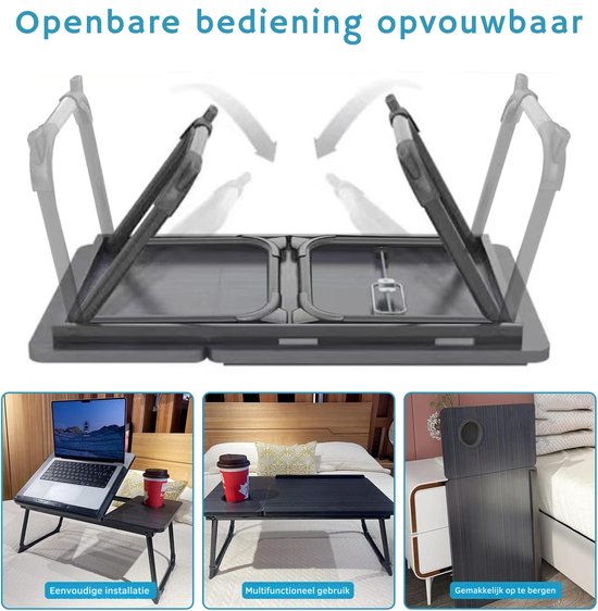 Gedetailleerde afbeeldingen van de Lexorion opvouwbare bedtafel, inclusief instelbare poten, multifuntioneel gebruik en opberggemak.