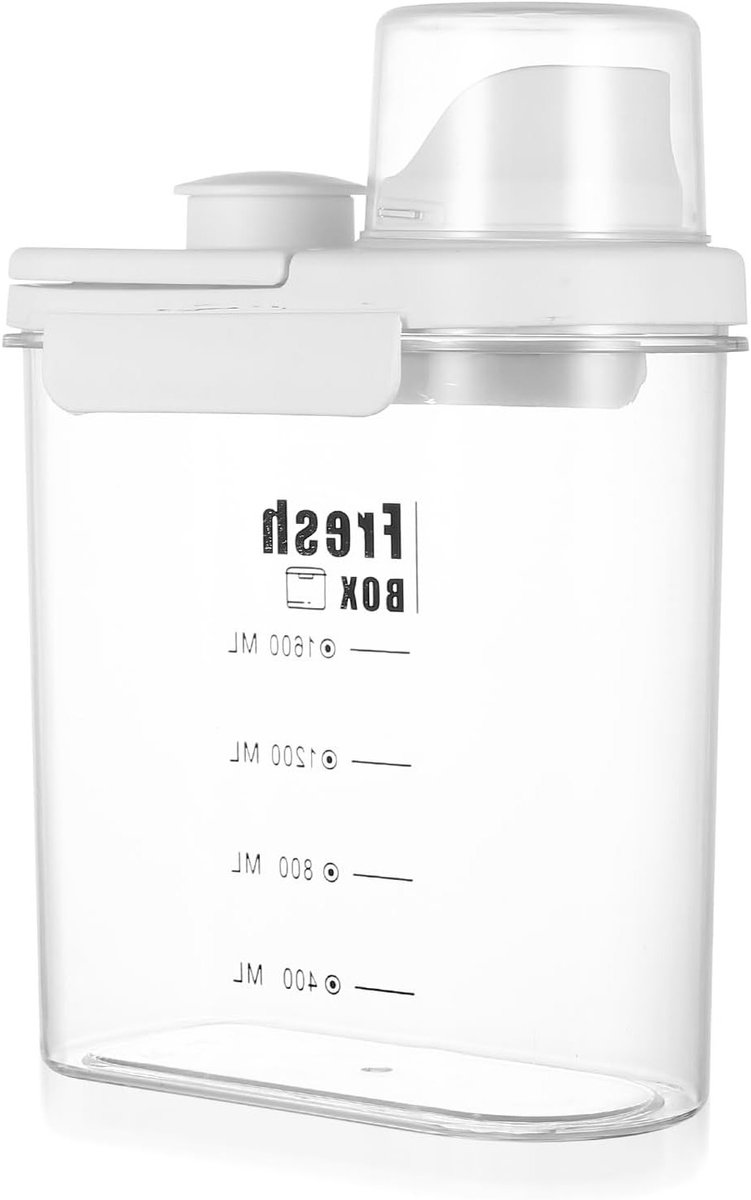 Airtight Wasmiddel Dispenser met Maatbeker, 2000 ml, Voor Vloeibaar en Poeder Wasmiddel, Opslagdoos voor Wasverzorging en Stoffen