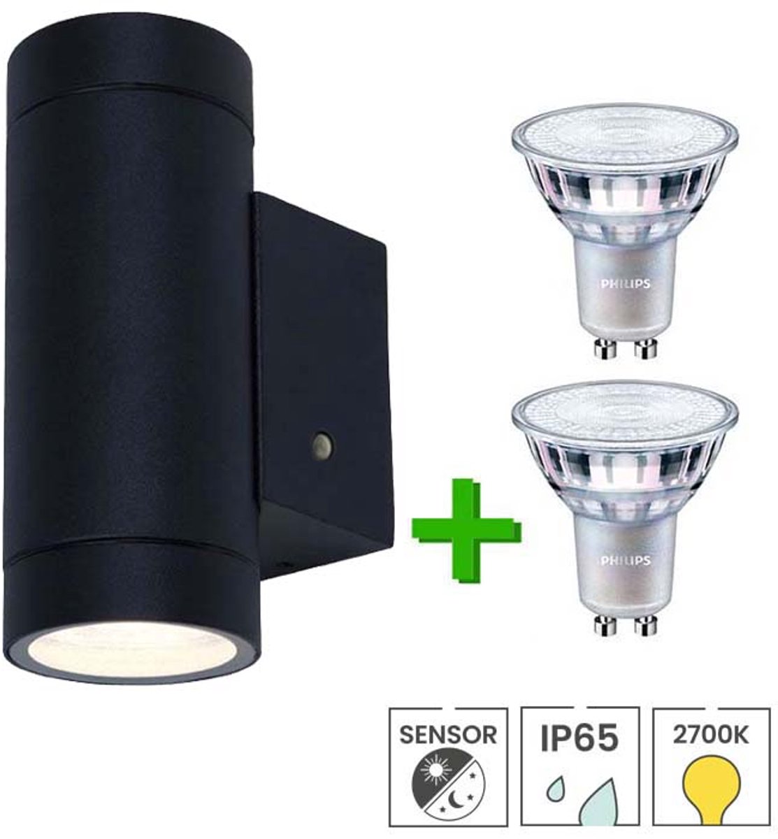 Lybardo - Buitenlamp met sensor dag en nacht - Wandlamp up & down - 2 x LED GU10 Philips - Warmwit licht