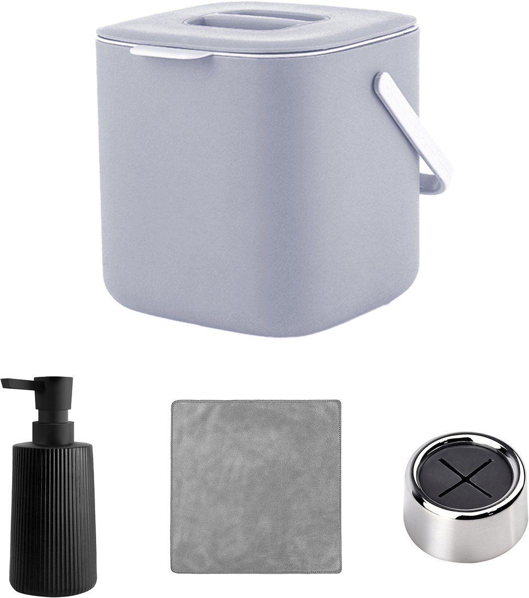 Compleet Keuken Schoonmaak Set - 4 Microvezel Doeken, 4 Handdoekhouders, Zeepdispenser & Mini Keukenprullenbak