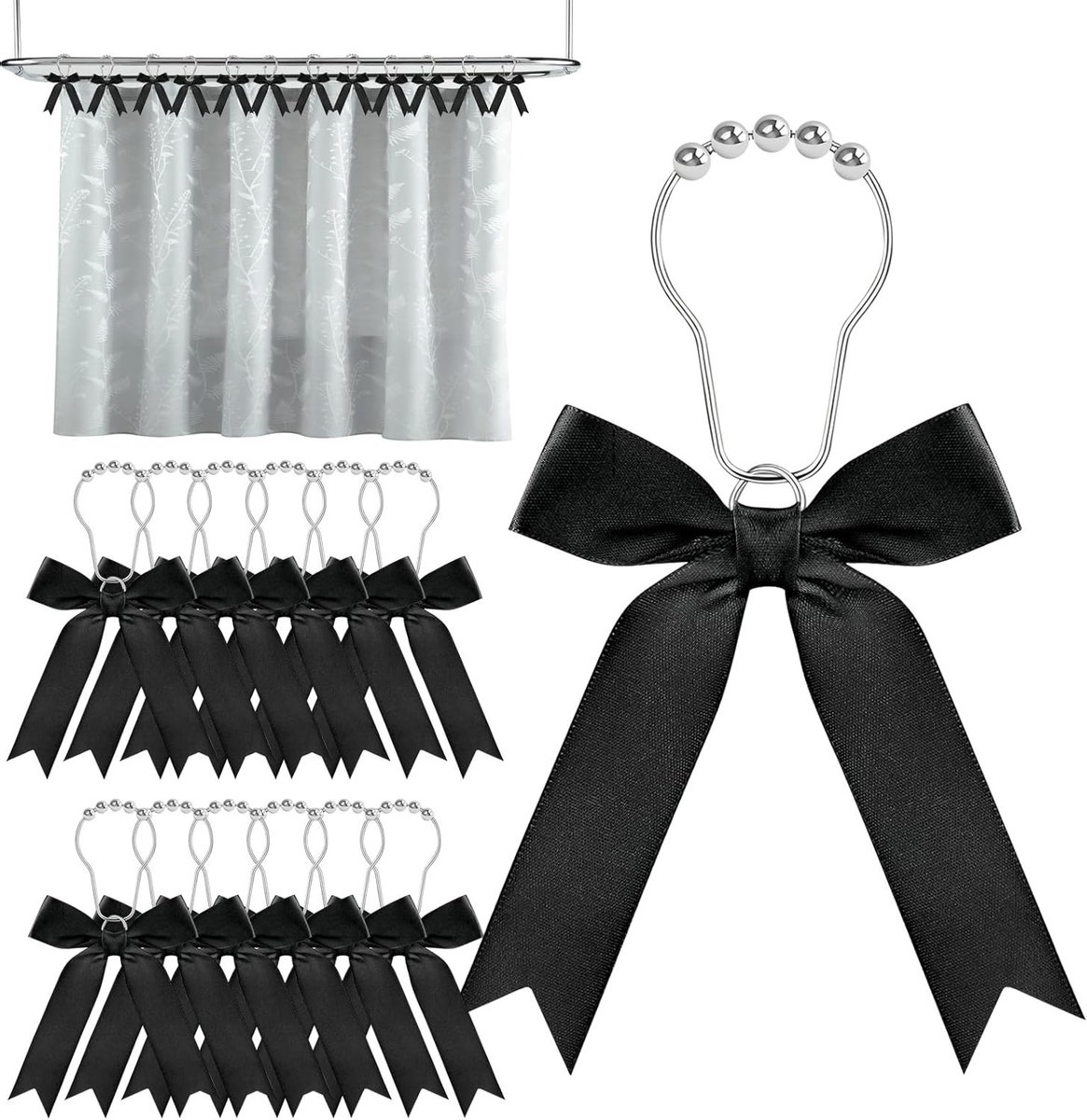 Zwarte douchegordijnhaken met strik - Schattige badkameraccessoires, roestvrijstalen ringen, decoratie voor kunstzinnige ruimtes