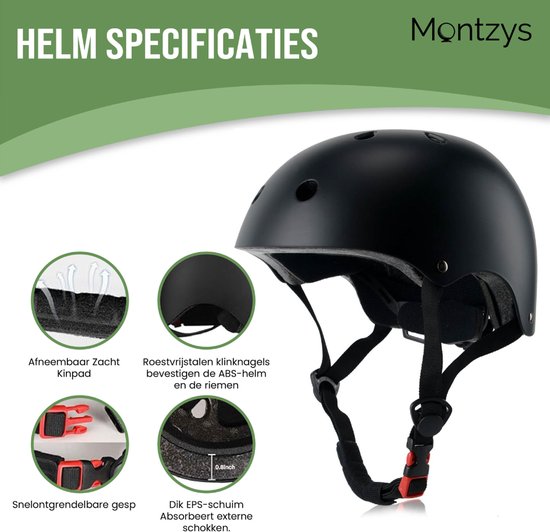 Zwarte helm met afneembaar zacht kinpad, roestvrijstalen klinknagels en snelsluitende gesp.