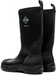 Zwarte Muck Boot Derwent II laarzen, van achteren gezien, met een groen detail op de zool.