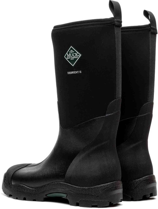 Zwarte Muck Boot Derwent II laarzen, van achteren gezien, met een groen detail op de zool.