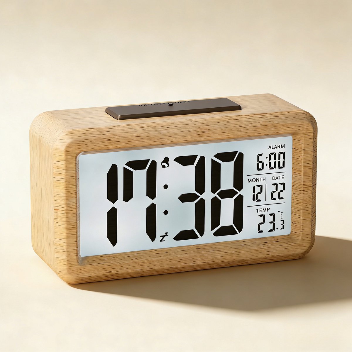 Digitale houten wekker - met een groot lcd-scherm - toont datum en temperatuur, ingebouwde automatische lichtsensor en snooze-functie - elektronisch cadeau.