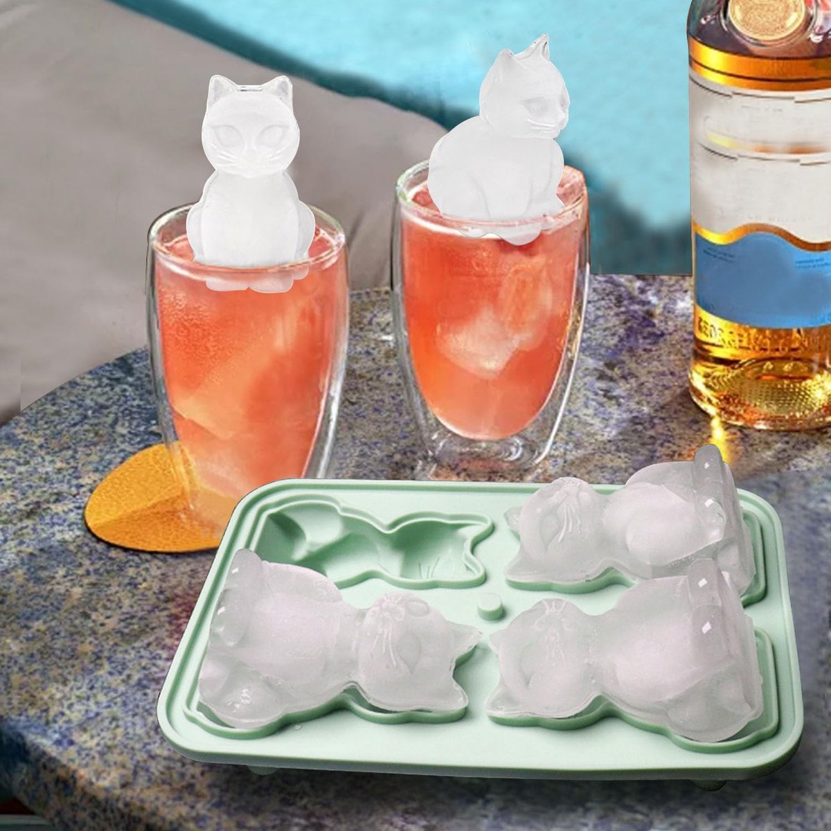 3D-kattenvormige siliconen ijsblokjesvorm - ijsblokjesvorm met deksel - vier vakjes - groen - grote ijsblokjesvorm - gemakkelijk uit de vorm te halen - geschikt voor whisky en bier