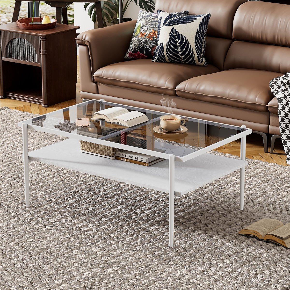 MODENUIT Salontafel - Gehard Glazen Tafelblad Met Opbergruimte - Voor Woonkamer - MDF En Grijs Wit - 97,5x61,5x45 Cm