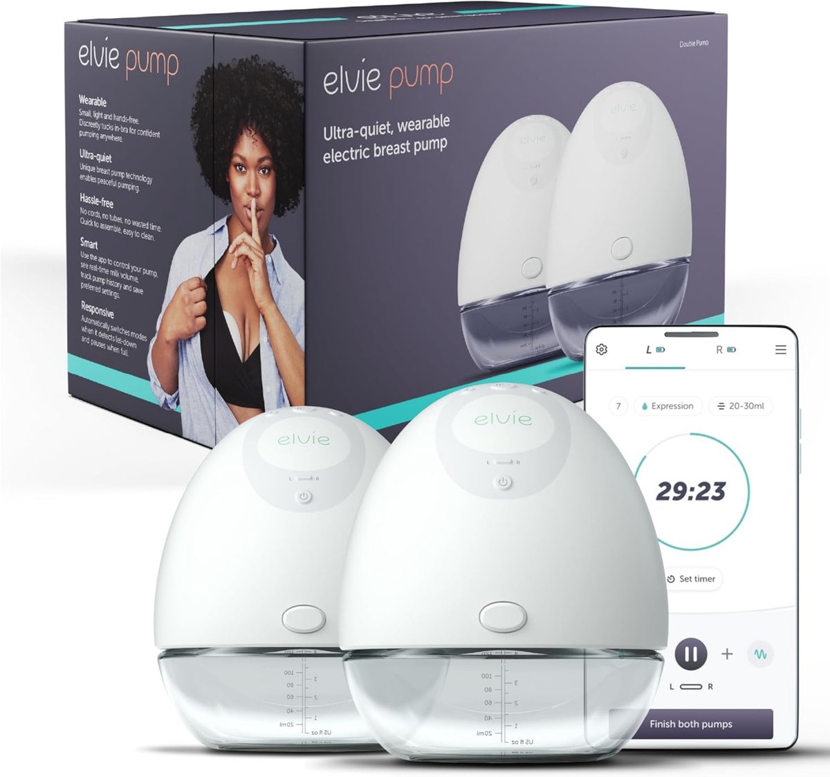Elvie® Pump Elektrische Borstkolf – Dubbele handsfree borstkolf van ziekenhuiskwaliteit - Het kleinste en meest discrete draagbare kolf apparaat - Incl. gratis App en 4 flessen