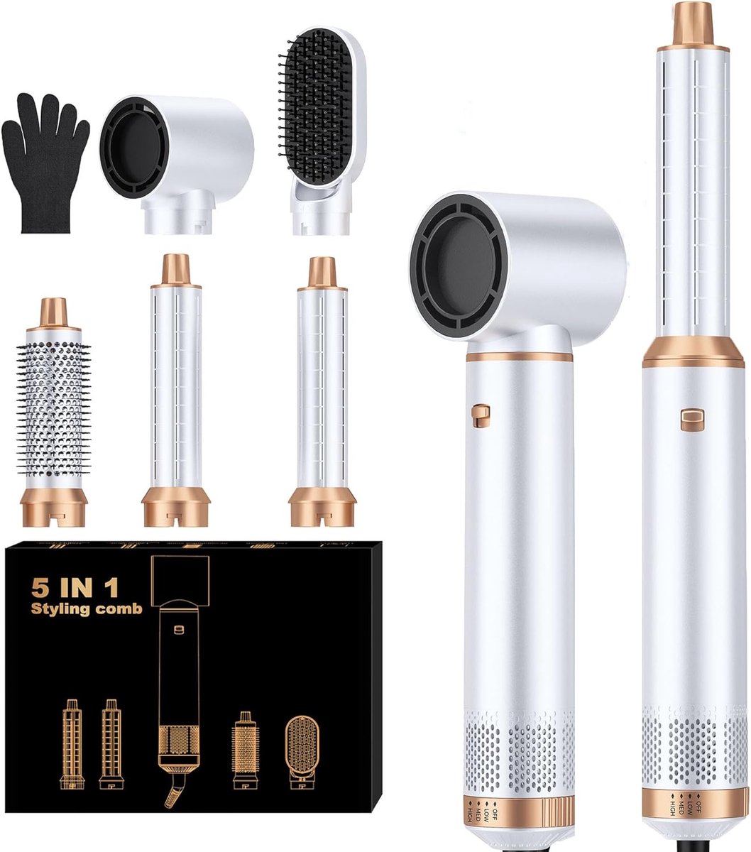 5-in-1 Föhnborstel - Upgrade Haarstyler Set Negatieve Ionen - Luchtstyler Krulborstel & Glijborstel - Cadeau voor Stijl, Krul, Droog, Glad - Wit- 1 Set