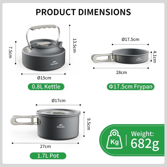Camping kookset 2-4 personen lichtgewicht pannenset met ketel en koekenpan compact 3 delig aluminium — afbeelding 3