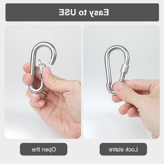 Robuuste M8 karabiner met schroefkap, 2 x draaibare roestvrijstalen haken voor klimmen, kamperen en outdoor activiteiten — afbeelding 2