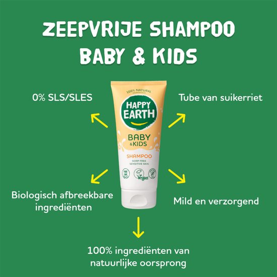 Gele tube Happy Earth Baby & Kids shampoo. Met tekst over zeepvrij, tube van suikerriet en natuurlijke ingrediënten.