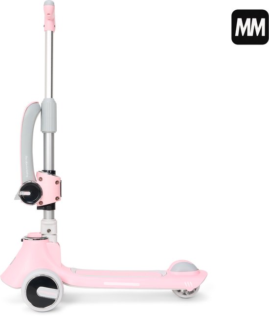 Roze 3-wiel step met verstelbare stuurkolom en grijze zitting. Zilverkleurige stuurstang.