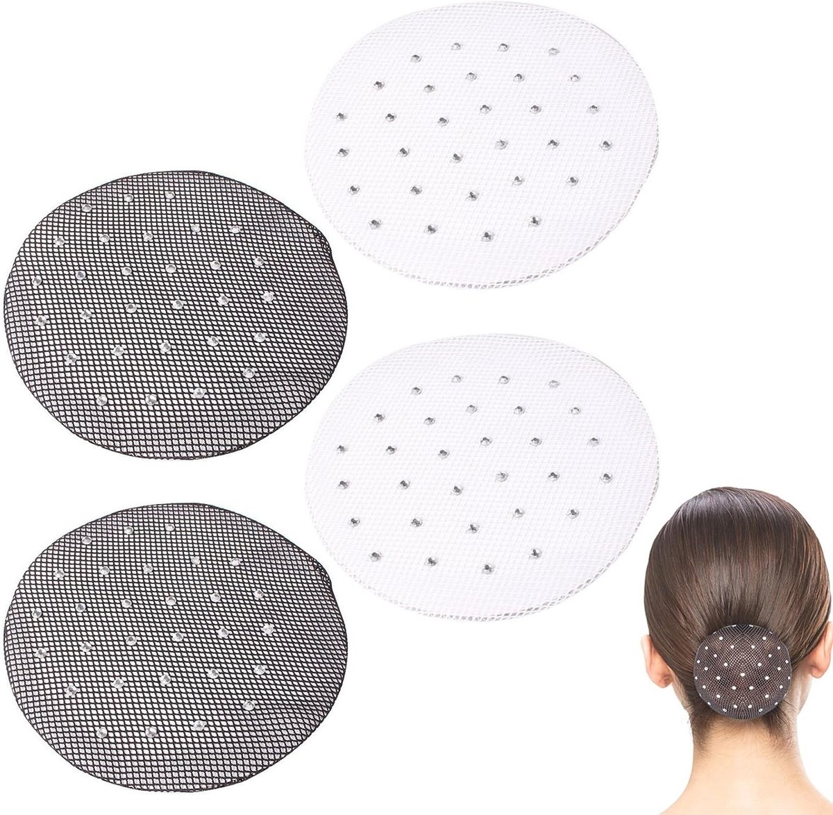 Haarnet Set - 4 Stuks - 2 Zwart + 2 Wit - Elastic Haarnet voor Ballettijdens