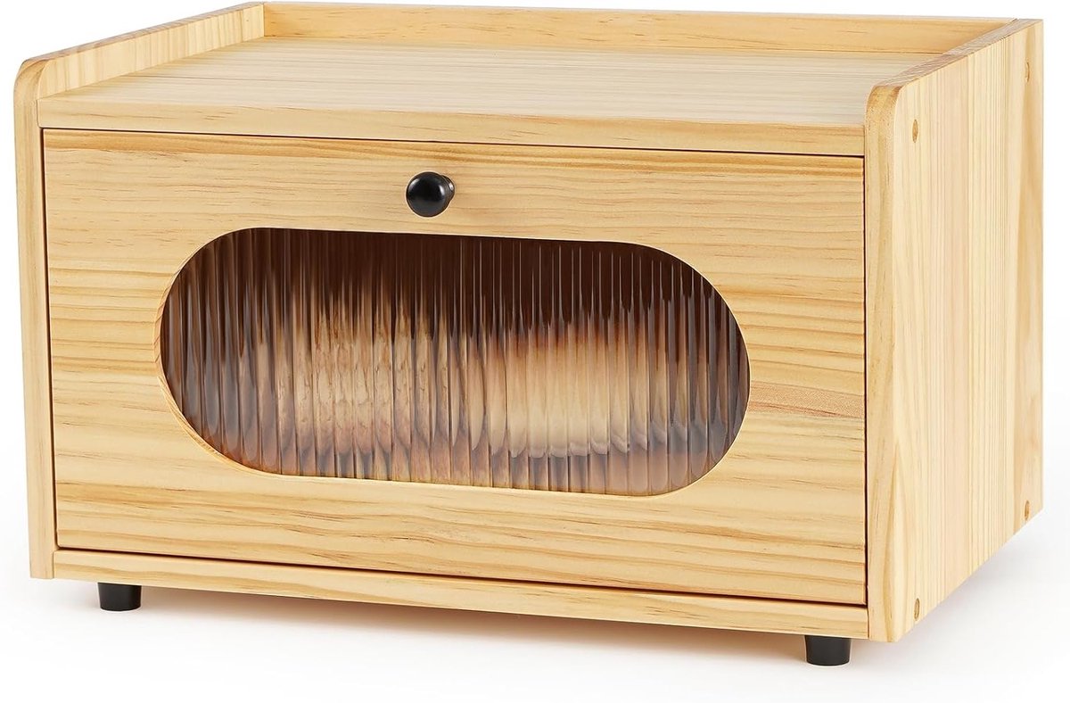 Houten Broodtrommel - Grenen Houten Broodopbergdoos Met Magnetische Acryldeur - Broodcontainer Voor Keuken Aanrecht - Stijlvolle Broodkast Voor Brood, Broodjes En Snacks - Geel