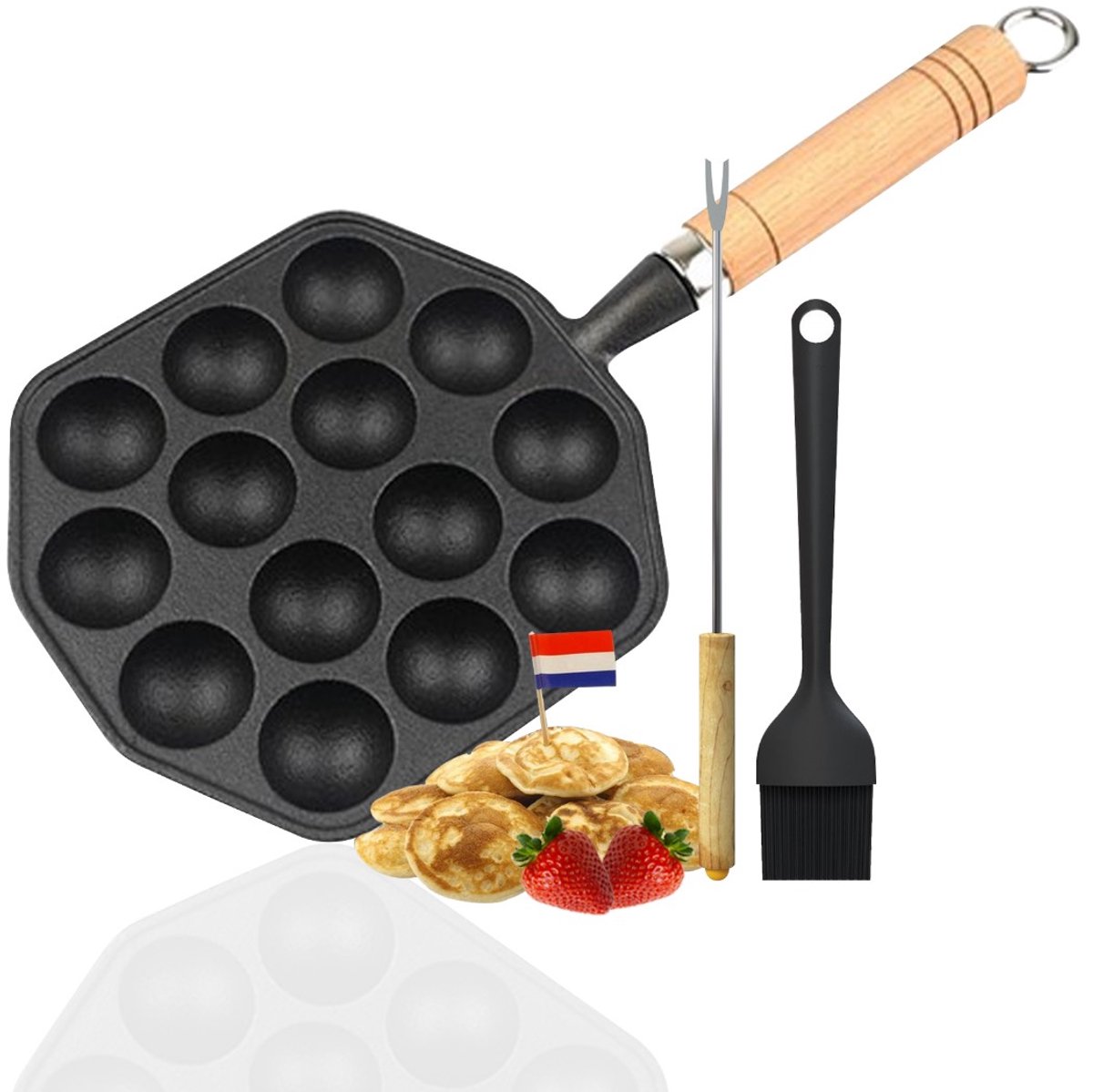 Poffertjespan - Geïsoleerd Hout Handvat - Gietijzer met Antiaanbaklaag - Poffertjesmaker - Poffertjes pan Inductie - 14 Poffertjes - Met Kwast & Vork