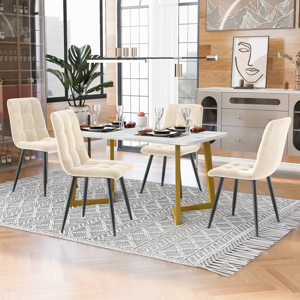 MIVRAY Eettafelset Met 4 Stoelen - Rechthoekige Tafel Met Marmerlook Blad - Compact Voor Keuken En Eethoek - MDF - Beige