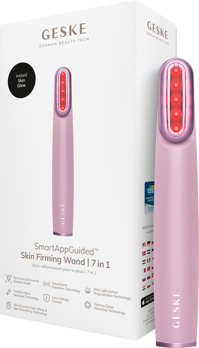 GESKE Skin Firming Wand | 7 in 1 | Anti-aging | MicroCurrent Facelift | Huidverzorgingstool | Rimpels verwijderen | Gezichtsversteviger | Rode ledtechnologie | Draaibare kop