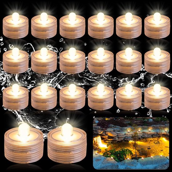 Set van 20 waterdichte, vlamloze LED-kaarsjes, die warm wit licht uitstralen.
