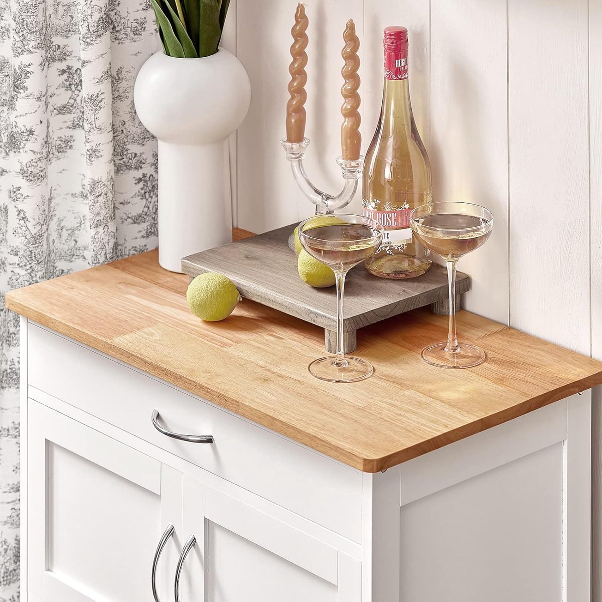 Keukentrolley met Wielen en Werkblad – Serveerwagen met Wijnrek, Lade en Opbergruimte – Mobiel Keukeneiland 67x86x38 cm Wit/Naturel – Multifunctionele Rolwagen voor Keuken, Eetkamer en Buiten – abtkantoor