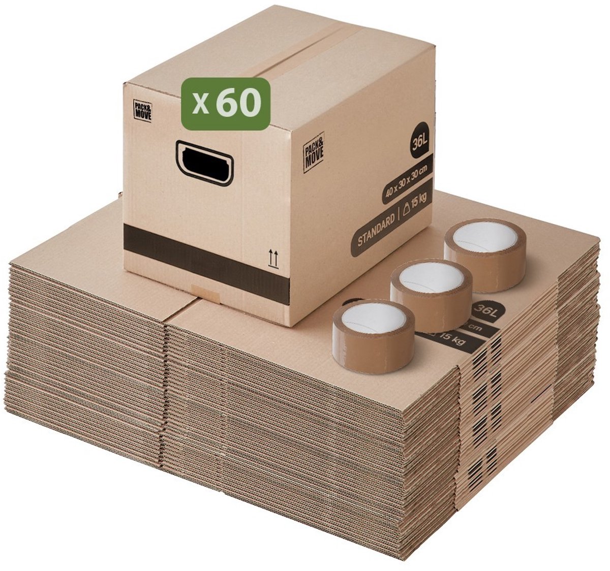 Pack and Move - Set 60 verhuisdozen opslag boeken - 40 x 30 x 30 cm - Versterkte handgrepen - 3 tapes gratis