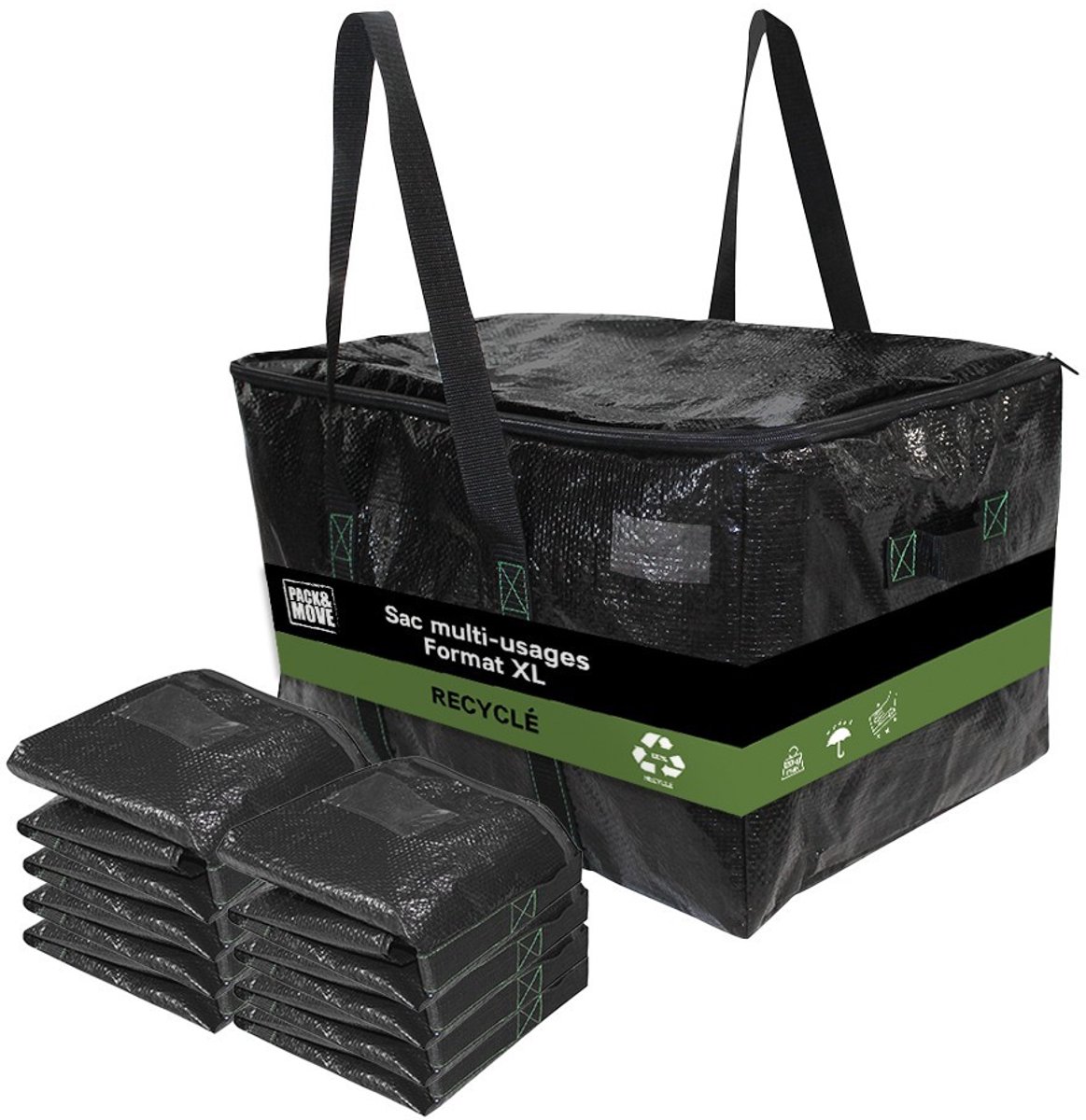 Pack and Move - Set 8 Gerecyclede Opbergtassen - 55 x 35 x 30 cm - Stevige handgrepen - Verhuizing en Transport - Ultra Sterk - Herbruikbaar - 55L