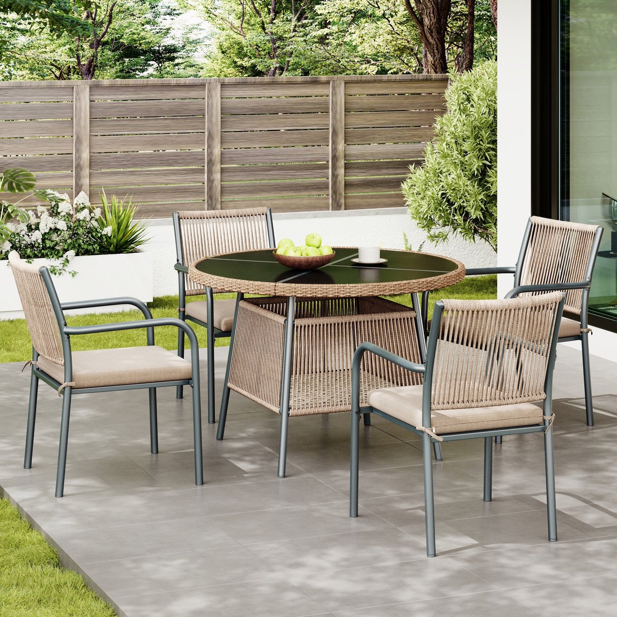 Gutent Loungesets - Tuinset - 5 Delig - 1 Ronde Glazen Tafel - 4 Armstoelen - Metaal Gestel - Voor Tuin Terras - Grijs – foto 6