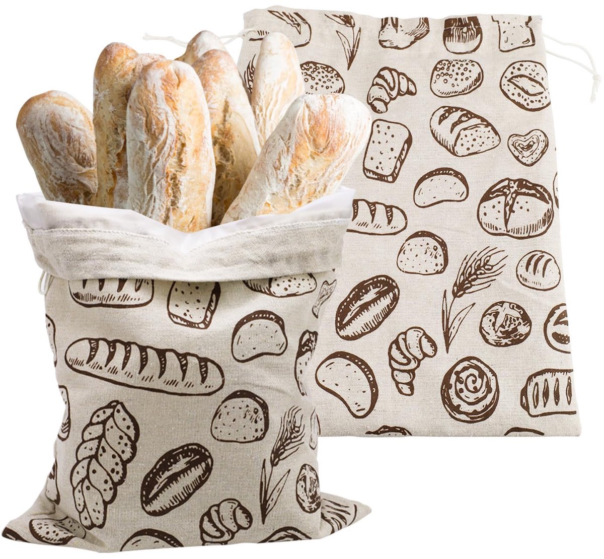 carmdering - Broodzak - Herbruikbare Broodzak - Linnen Broodzak - Set van 2, 30×38 cm, TPU voering - Trekkoordsluiting, houdt brood vers - Wasbaar, opvouwbaar, plasticvrij - Perfect voor zelfgebakken brood en cadeau