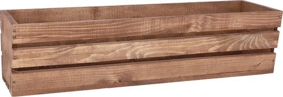Een houten plantenbak met drie horizontale latten aan de zijkant.