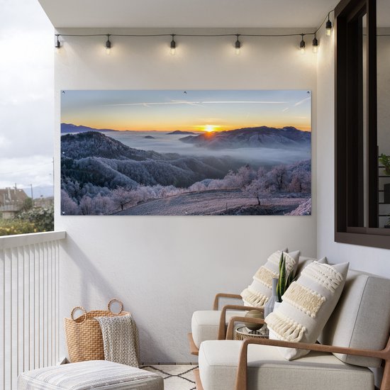 Tableau jardin d'hiver - Montagnes - Affiche jardin - Toile jardin - Hiver - Soleil - Soir - Décoration de jardin - 200x100 cm