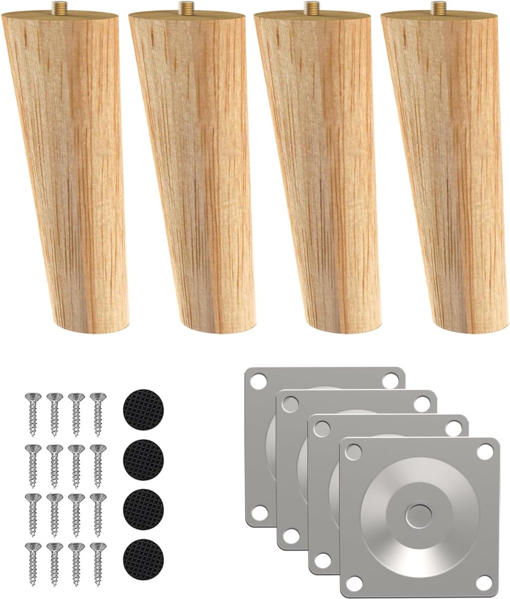 Set van 4 Houten Tafelpoten 15 cm Massief Hout Taps Toelopend Inclusief Montageonderdelen