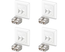 deleyCON 4x RJ45 Wandcontactdoos Inbouw 10 Gbit/s Keystone-Datadoos (4x Doos + 8x Keystone) RJ45-Bus Cat6a - voor CAT6/CAT7 Gigabit-Installatiekabel, Volledig Afgeschermd - Wit