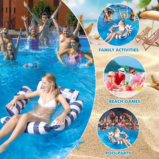 Opblaasbare zwembadvlotterstoel lounge voor drijvende volwassenen en kinderen, streeppatroon drijvende hangmat voor zwembadfeest zomer waterplezier (marineblauw+lichtblauw+roze) — afbeelding 5