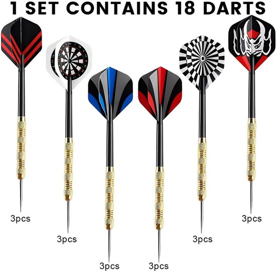 18 professionele dartpijlen van staal, dartset met schacht en flights, dartpijlen met metalen punt, 6 patronen, perfect voor familie, feestjes en Kerstmis, cadeau, beginners en amateurs — afbeelding 5