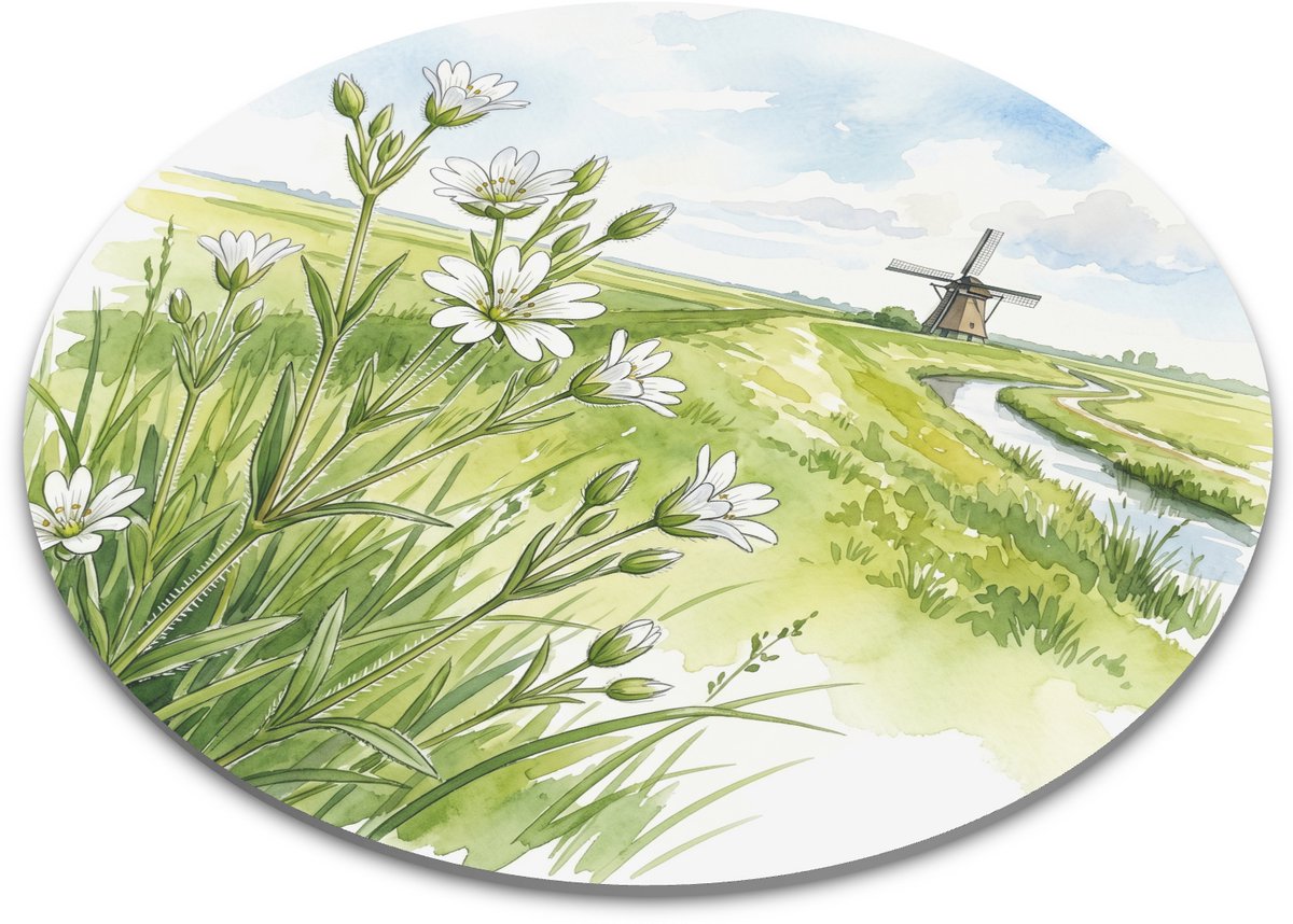 Ronde Muismat - Steenhoornbloem in Polderlandschap met Molen - Aquarel Witte Bloemen Illustratie - Bureau Decoratie Thuiswerkplek - Diameter 22 cm