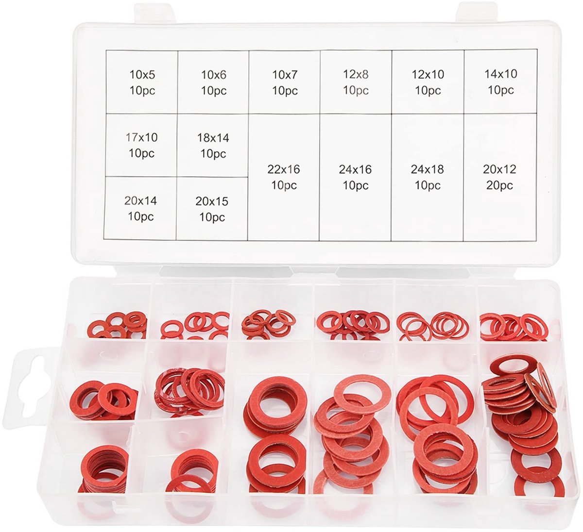 MTTproducts- Afdichtring Set van 150 Stuks - Rood Staalpapier - Diverse Maten - Kunststof Doos - Gemakkelijk Op te Bergen - Voor Isolatie - Sluitring