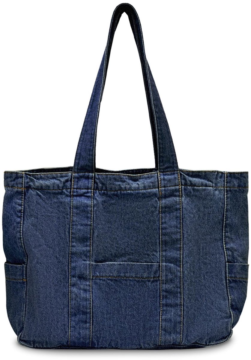 MTTproducts- Denim Shopper - Grote Tas met Ritssluiting - Dames Schoudertas - Duurzaam Zeildoek - Opvouwbaar - 6 Vakken - Lichtgewicht