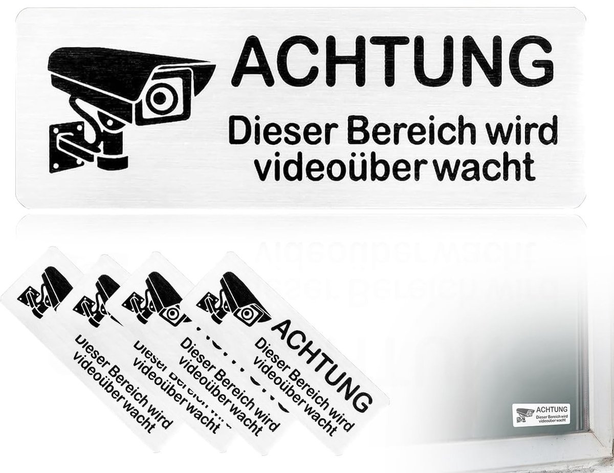 MTTproducts- Videobewakingsbord 4 Stuks - Zelfklevende Aluminium Stickers - Waarschuwingsbord voor Camera's - 8,5 x 3 cm - Hoge Kwaliteit - Bewakingsstickers