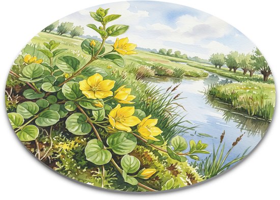 Ronde Muismat - Penningkruid (Lysimachia nummularia) langs de Slootkant in de Polder - Aquarel Bloemenlandschap - 22 cm Omtrek