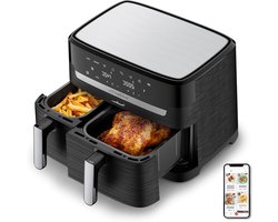 Moulinex Air Fryer twee vakken + boek met 20 recepten, XXL capaciteit 8,3 l, tot 8 personen, 7 automatische programma's, digitaal touchscreen, Dual Essential roestvrij staal, YY5545FB