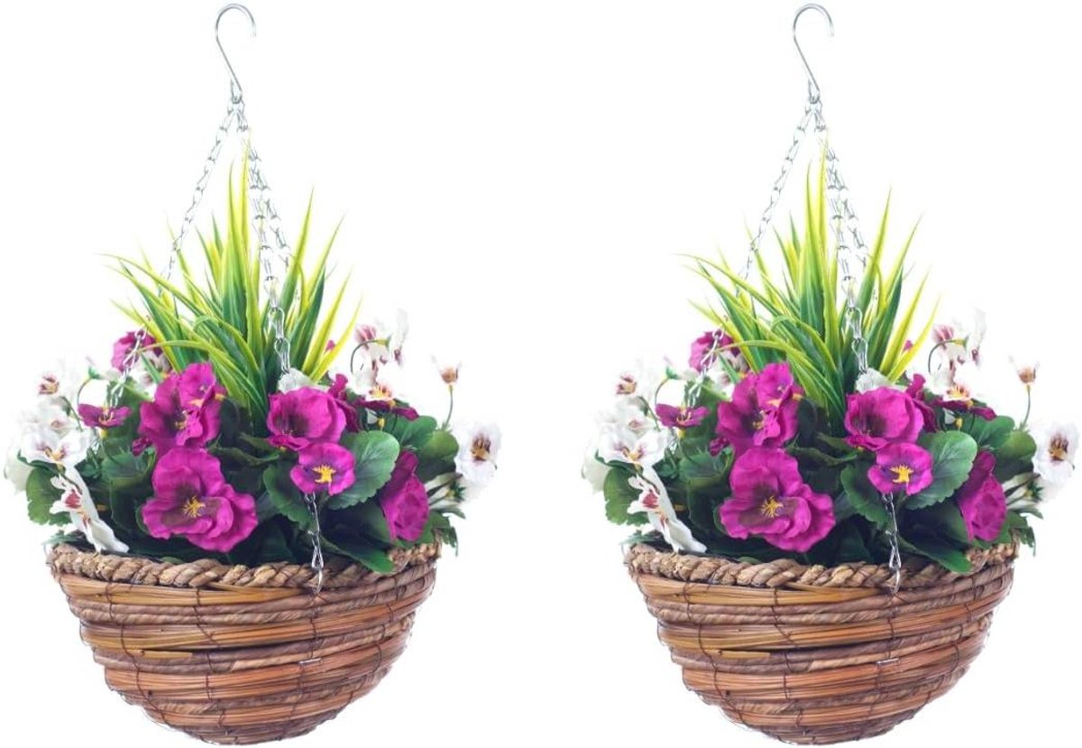 Kunst viooltjes manden - Nep bloemen - Buiten decoreren - Weerbestendig ontwerp - 25 cm - Paars Wit